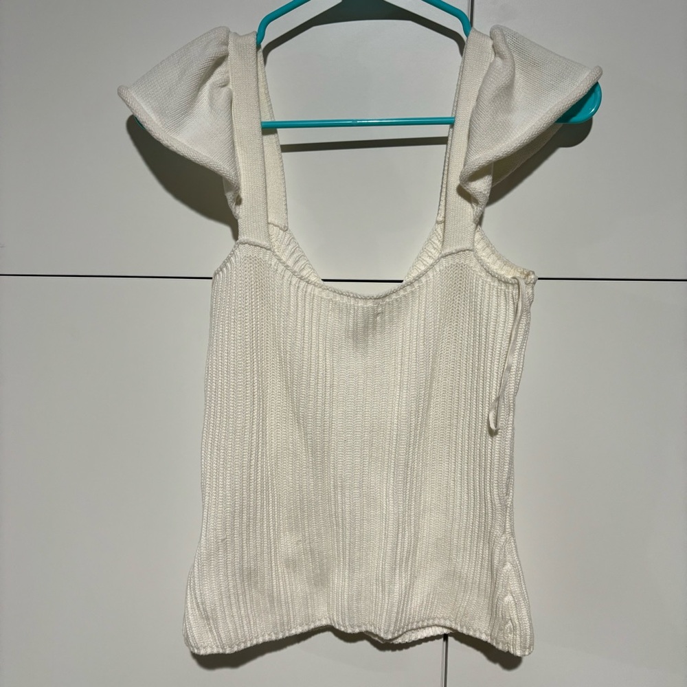 Anthropologie Womens Knit Tank Top Small Ribbed Cream Button Flutter Sleeved - Picture 5 of 8